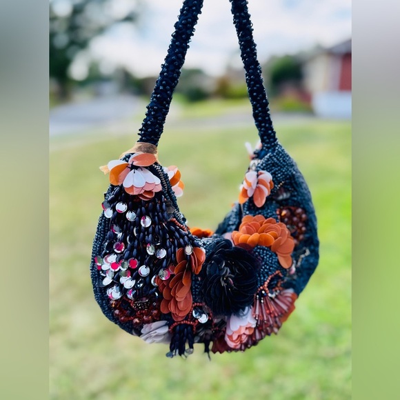 Navy Floral Sequin & Beaded Statement Shoulder Bag – Rare Viral Find ✨ - Picture 5 of 13